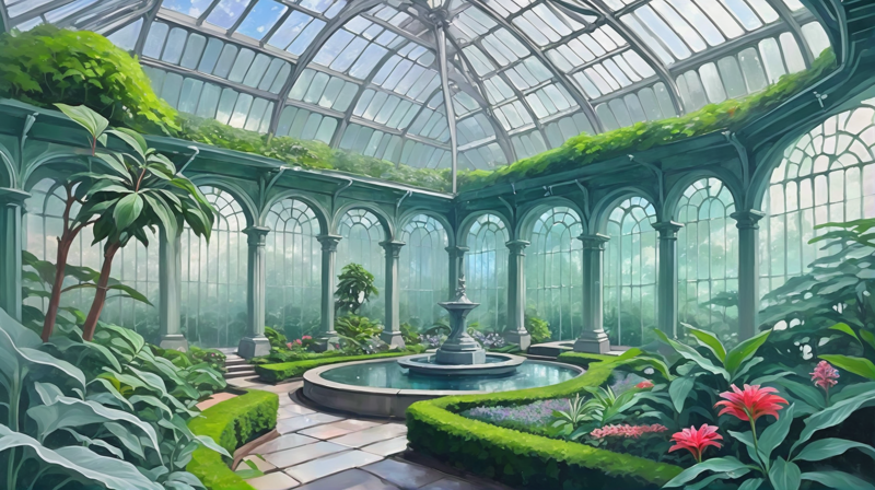 01083-1611648943-digital art, Botanical garden conservatory in a impossible,pristine fantasy sprawling topia edge of time, masterpiece.webp